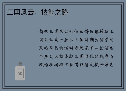 三国风云：技能之路